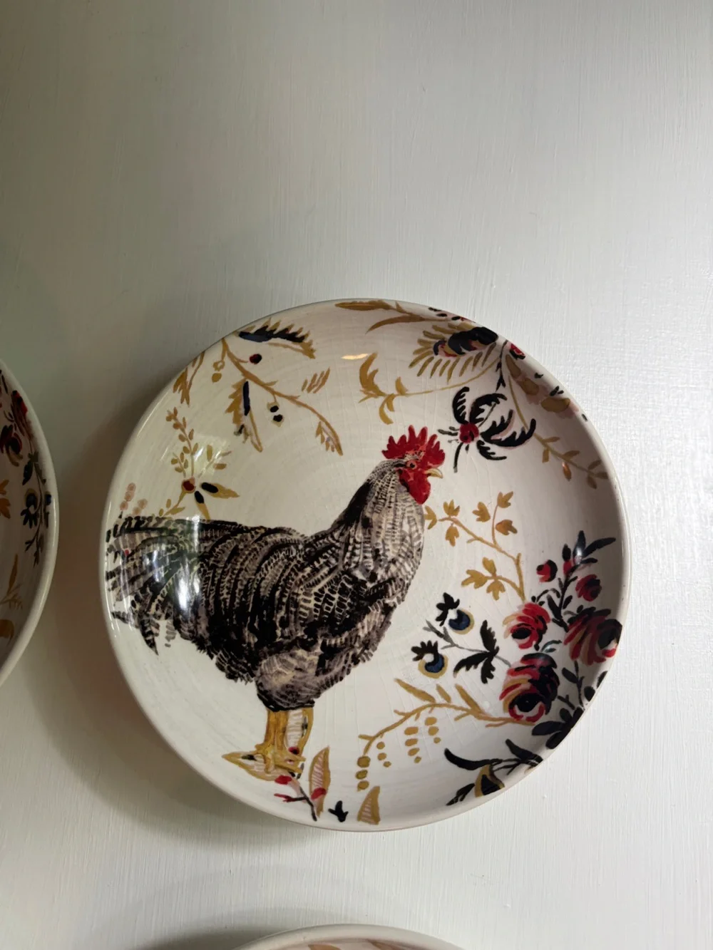 Set of 4 Rooster Decorative Ceramic Wall Plates - Cream & Multicolor